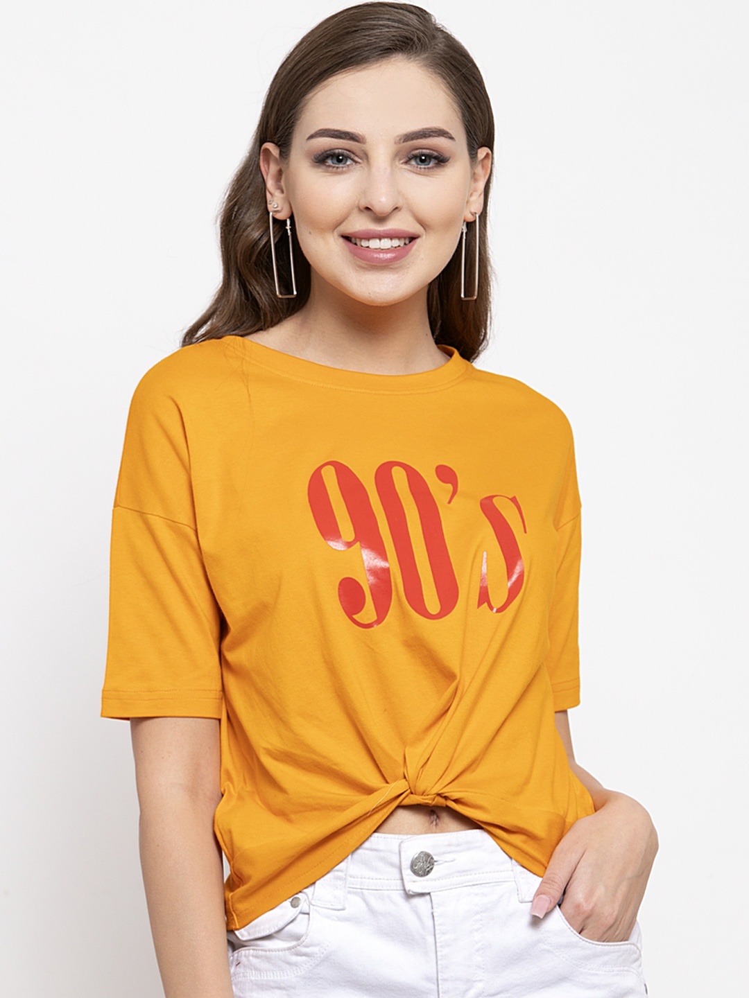 

THE SILHOUETTE STORE Women Yellow Printed Round Neck T-shirt