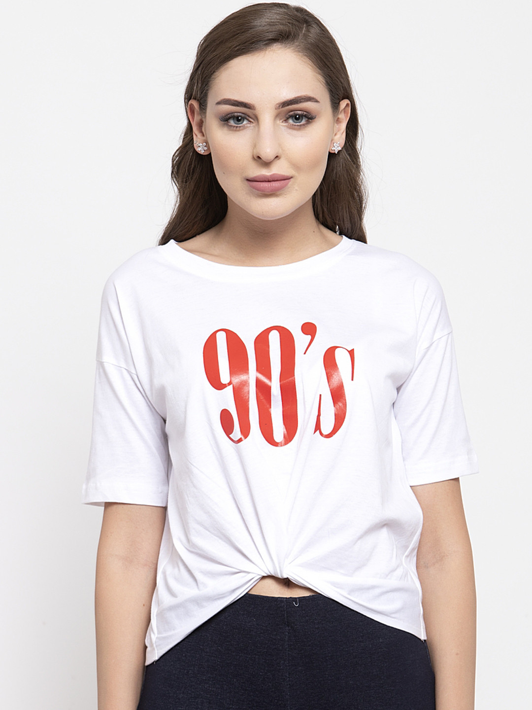 

THE SILHOUETTE STORE Women White Printed Round Neck Crop T-shirt