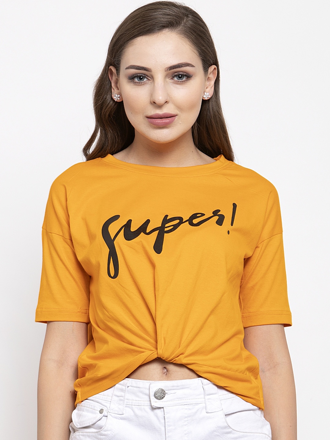 

THE SILHOUETTE STORE Women Mustard Yellow Printed Round Neck T-shirt