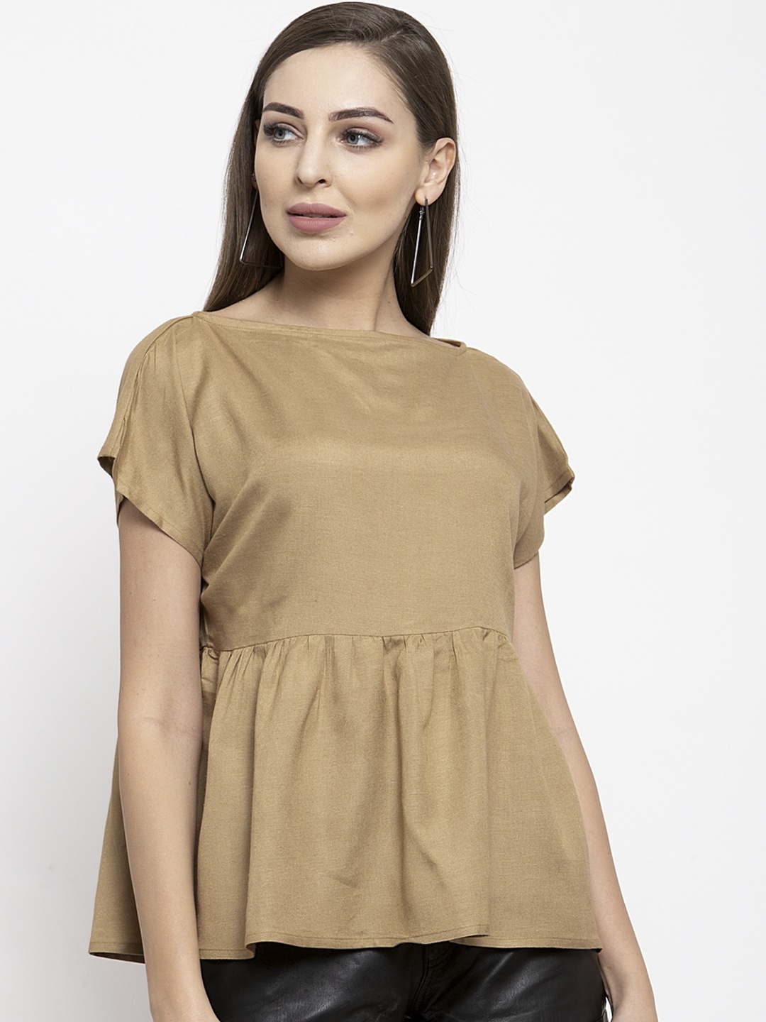 

THE SILHOUETTE STORE Women Khaki Solid A-Line Pure Cotton Top