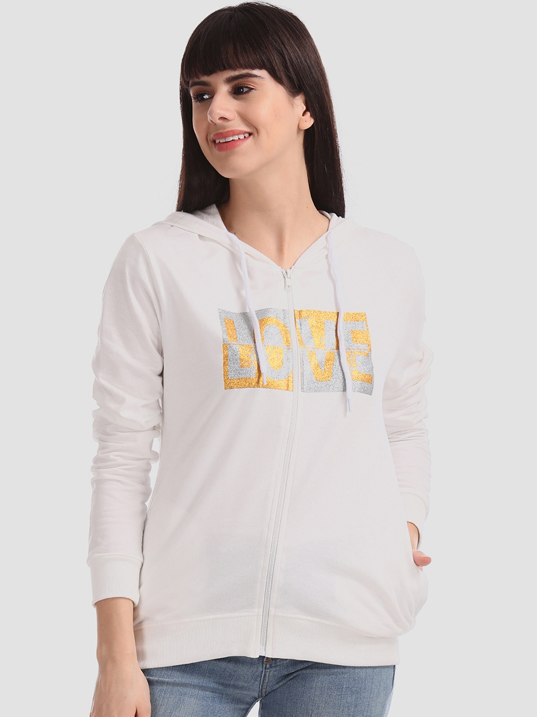 

Cherokee Women White Glitter Printed Hooded Sweatshirt