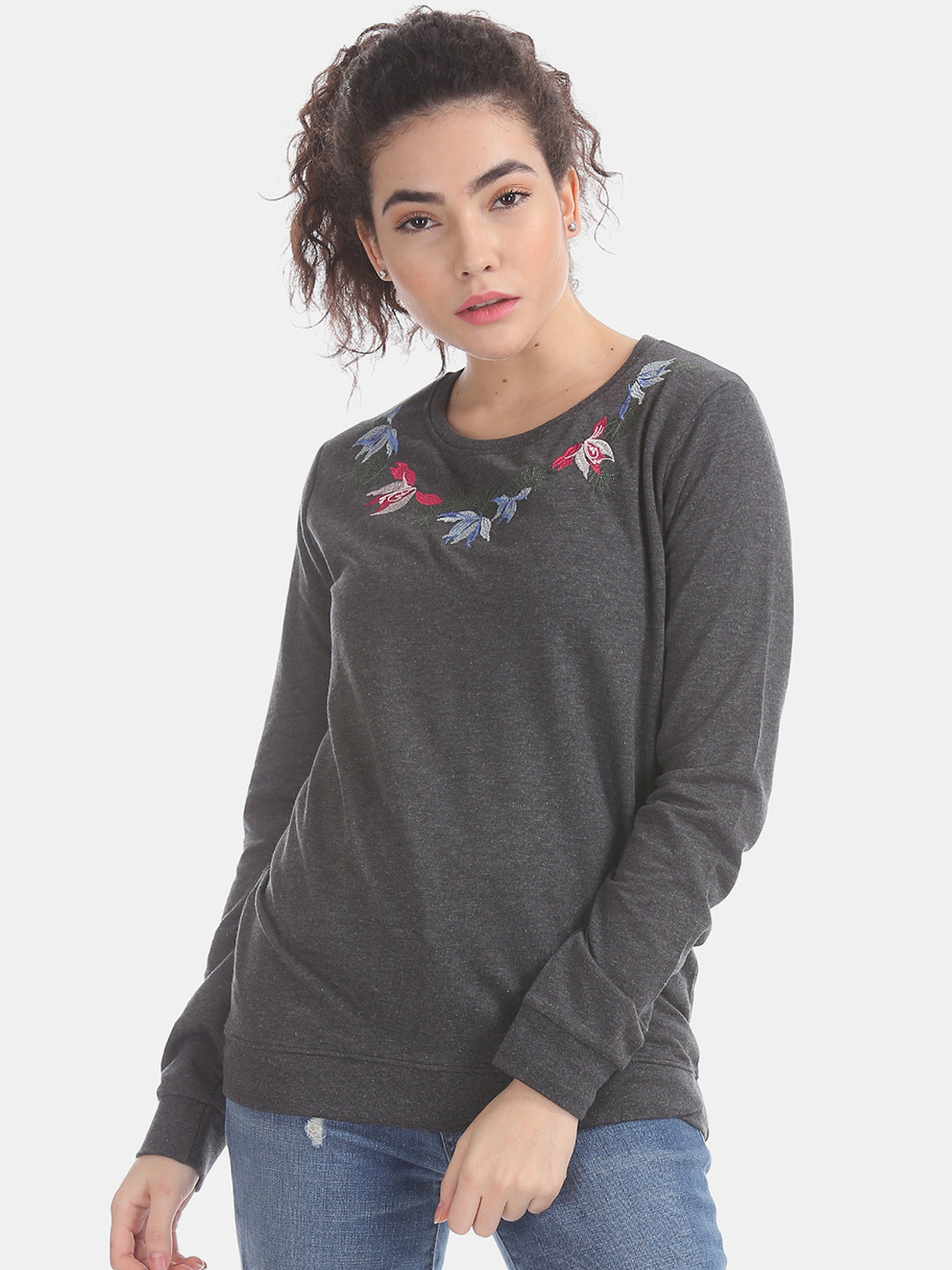 

Cherokee Women Charcoal Grey Floral Embroidered Sweatshirt