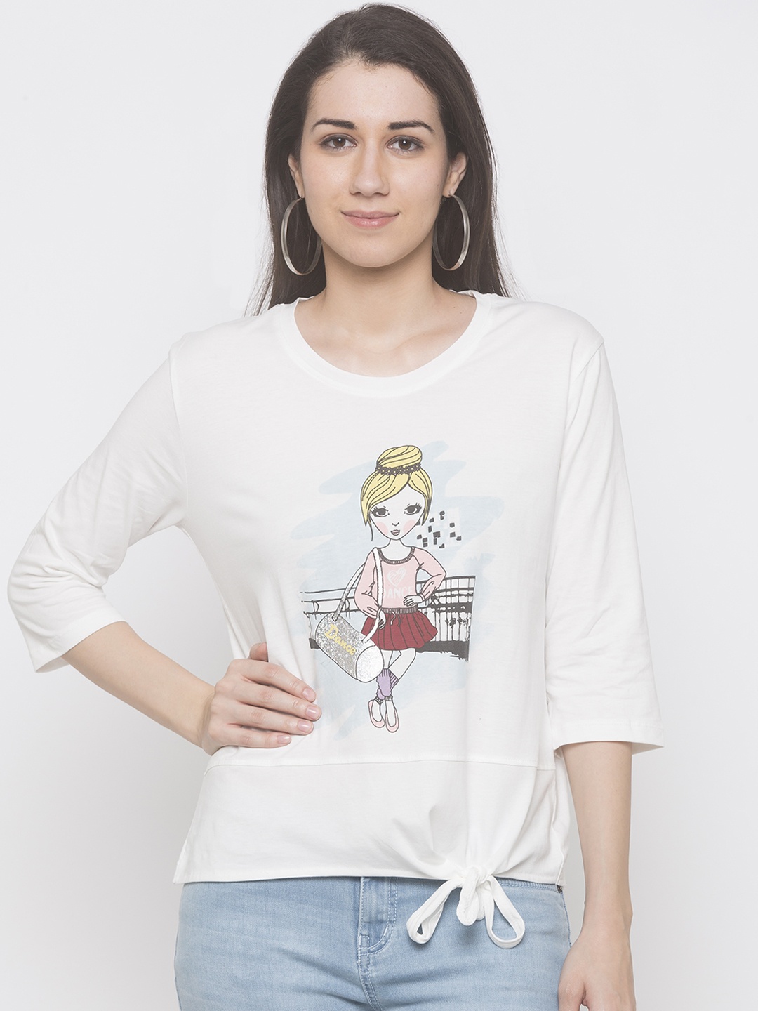 

Globus Women White Printed Round Neck T-shirt With Tie-Up Detail