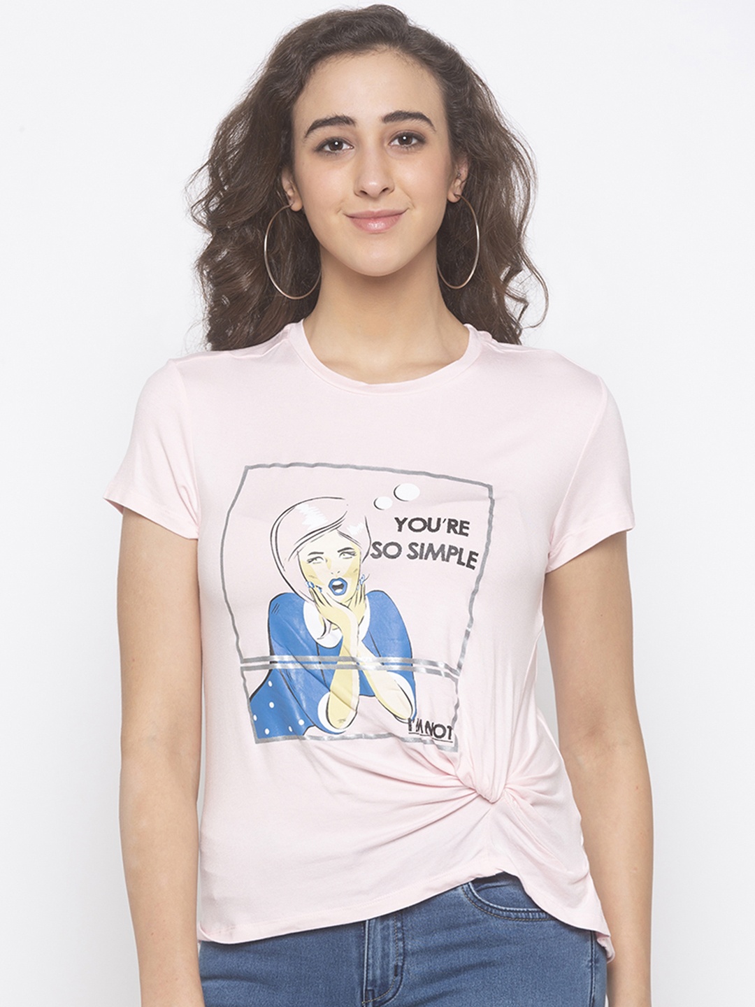 

Globus Women Baby Pink Printed Round Neck T-shirt With Twisted Detail
