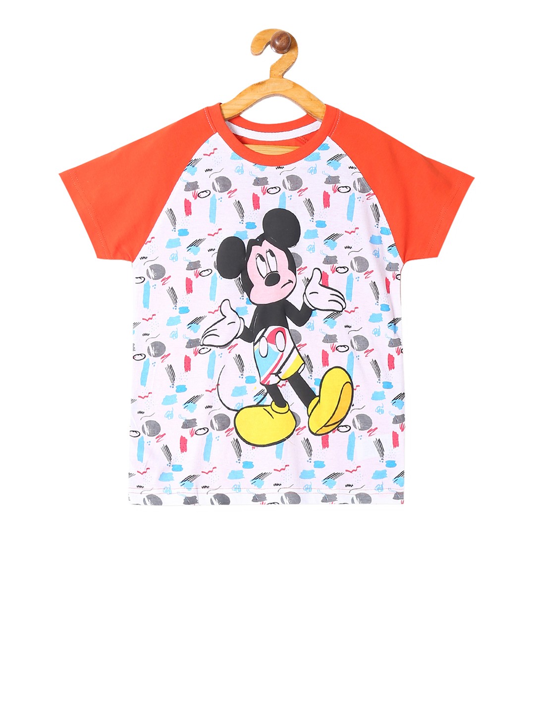 

Colt Boys White Orange Mikey Mouse Printed Round Neck Pure Cotton T-shirt