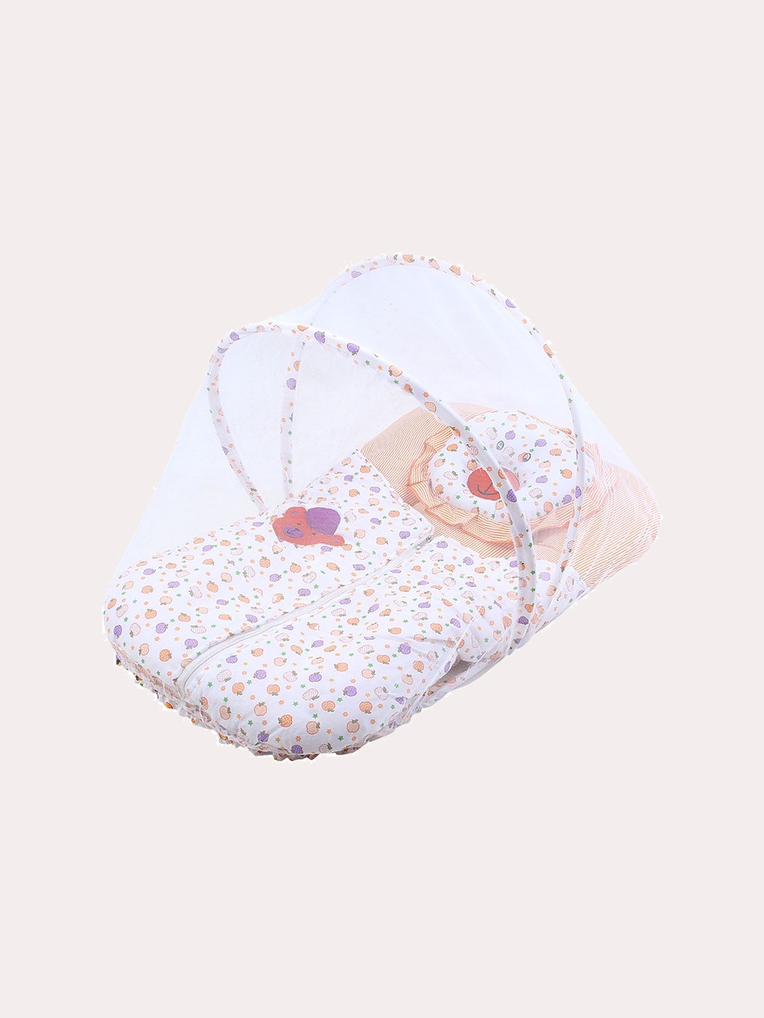 

Superminis Infant Peach & White Printed Cotton Bedding Set with Mosquito Net