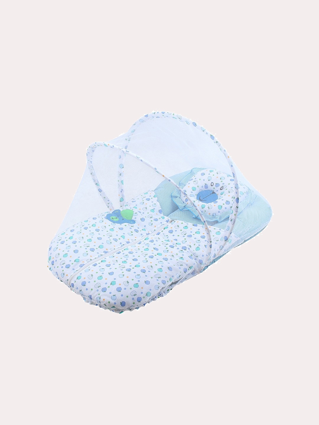

Superminis Infants White & Blue Printed Cotton Bedding Set with Mosquito Net