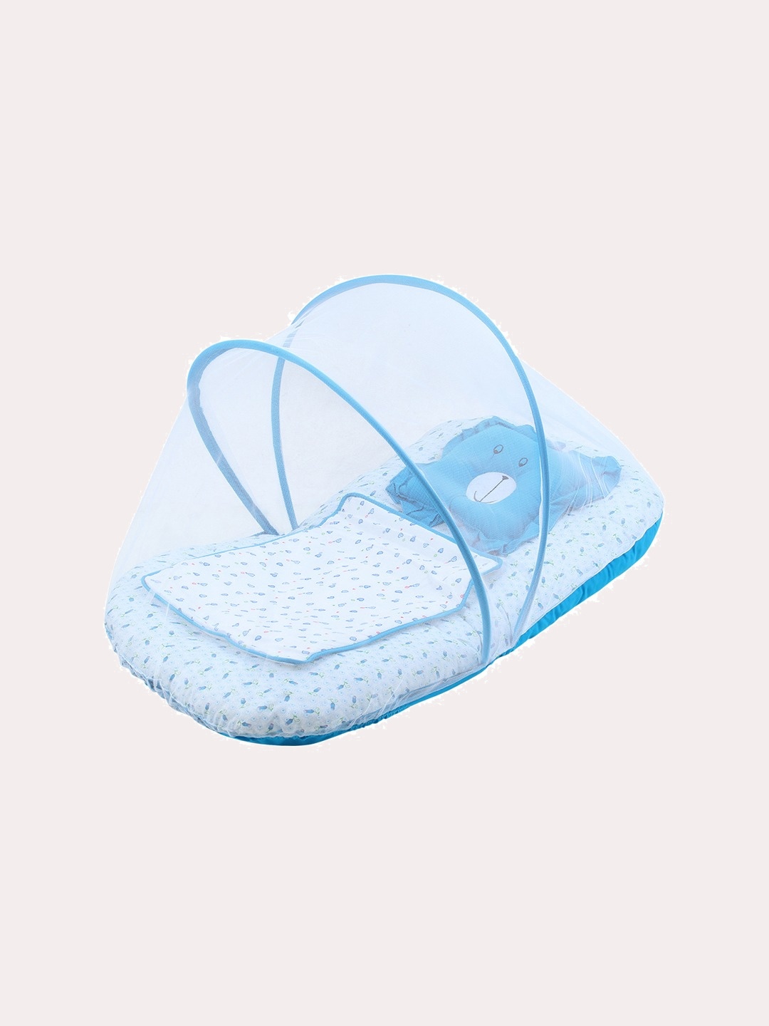 

Superminis Infant Boys Blue & White Printed Cotton Bedding Set with Mosquito Net