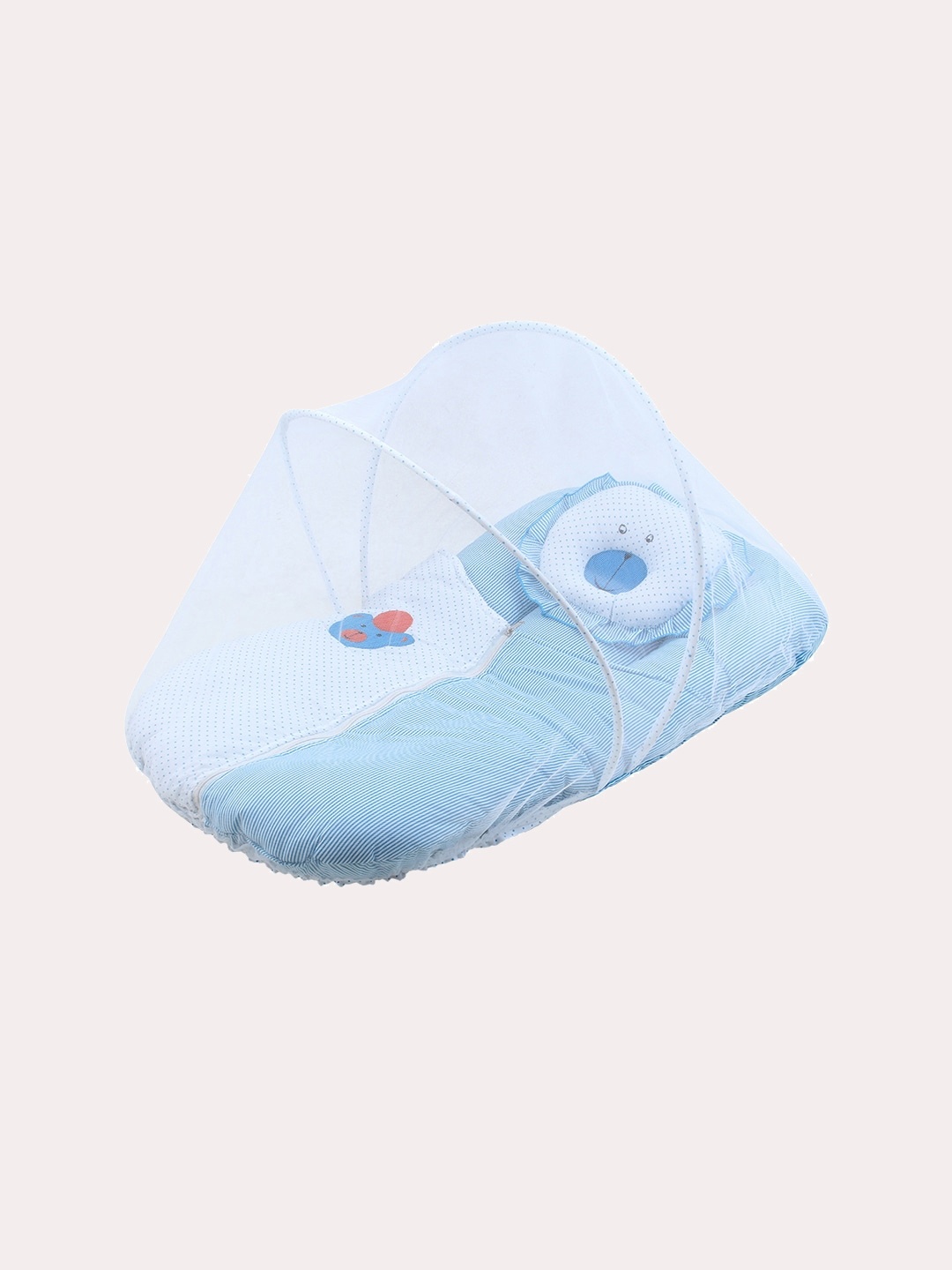 

Superminis Infants Blue Striped Cotton Bedding With Mosquito Net