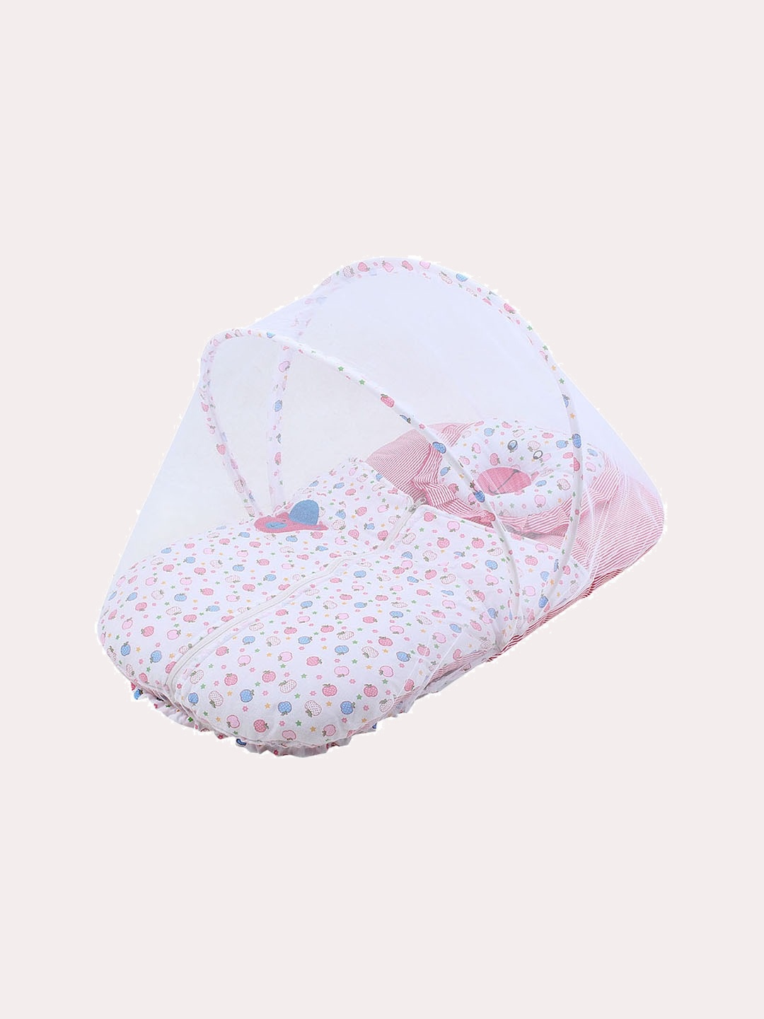 

Superminis Infant Pink & White Printed Cotton Bedding Set with Mosquito Net