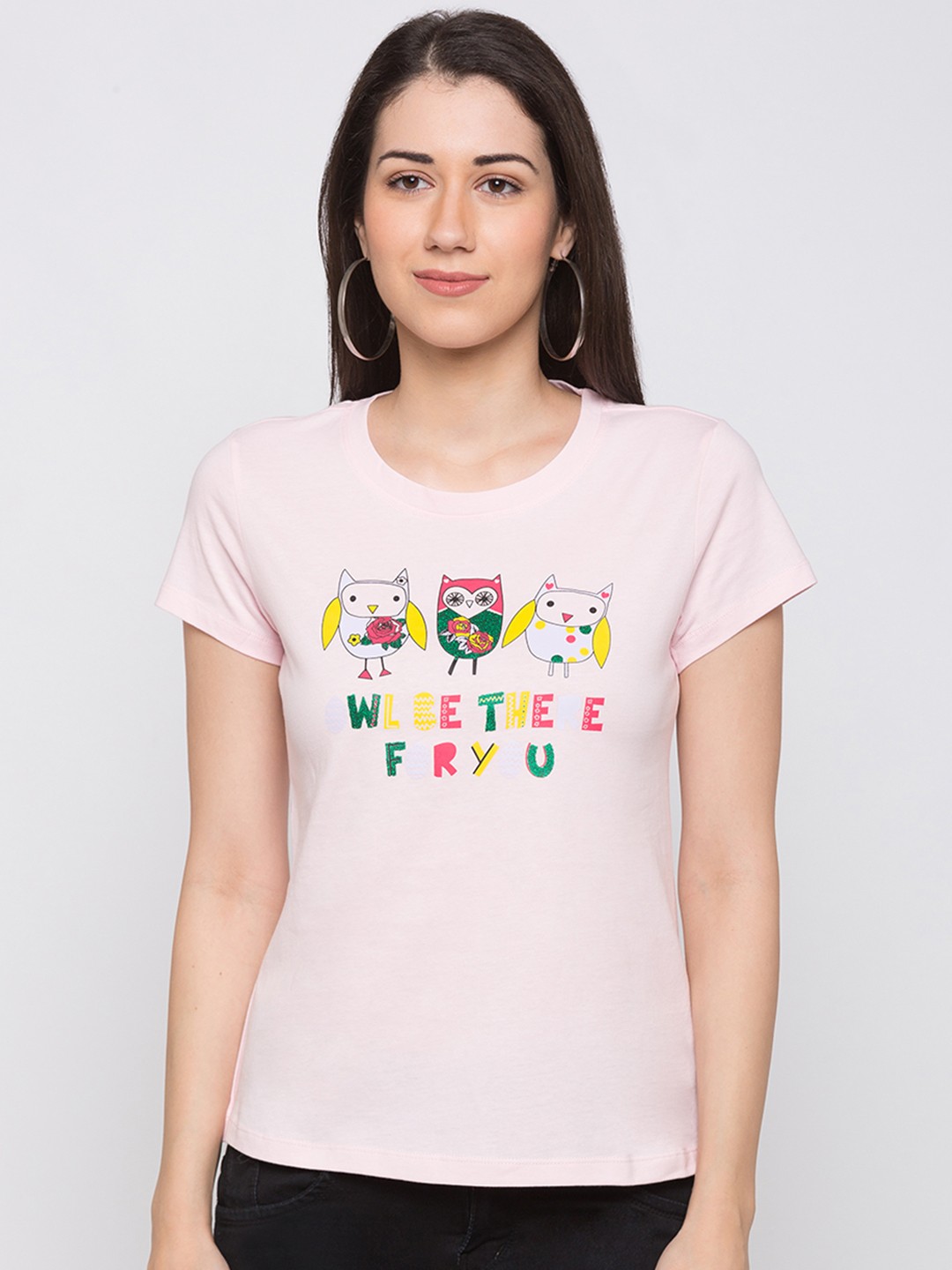 

Globus Women Pink Printed Round Neck Pure Cotton T-shirt