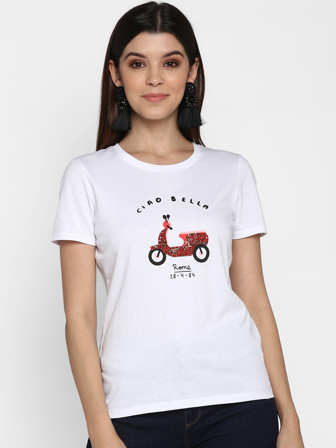 

Mode by Red Tape Women White & Red Printed Round Neck T-shirt