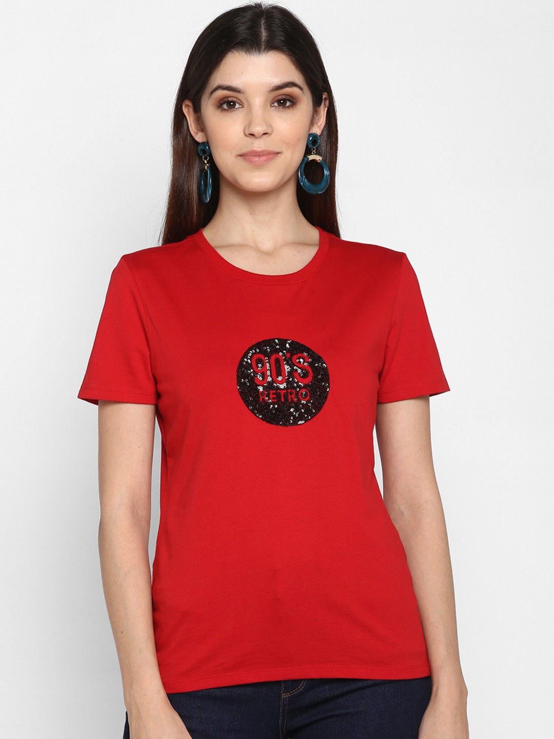 

Mode by Red Tape Women Red Embellished Round Neck T-shirt