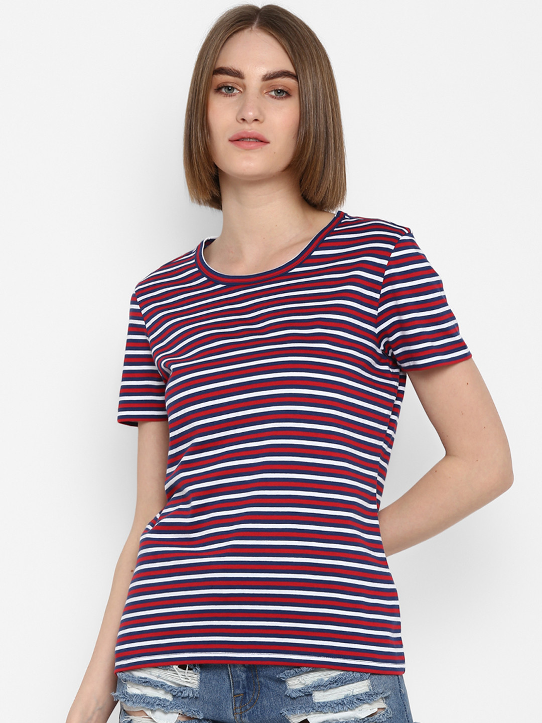 

Mode by Red Tape Women Navy Blue Striped Round Neck T-shirt
