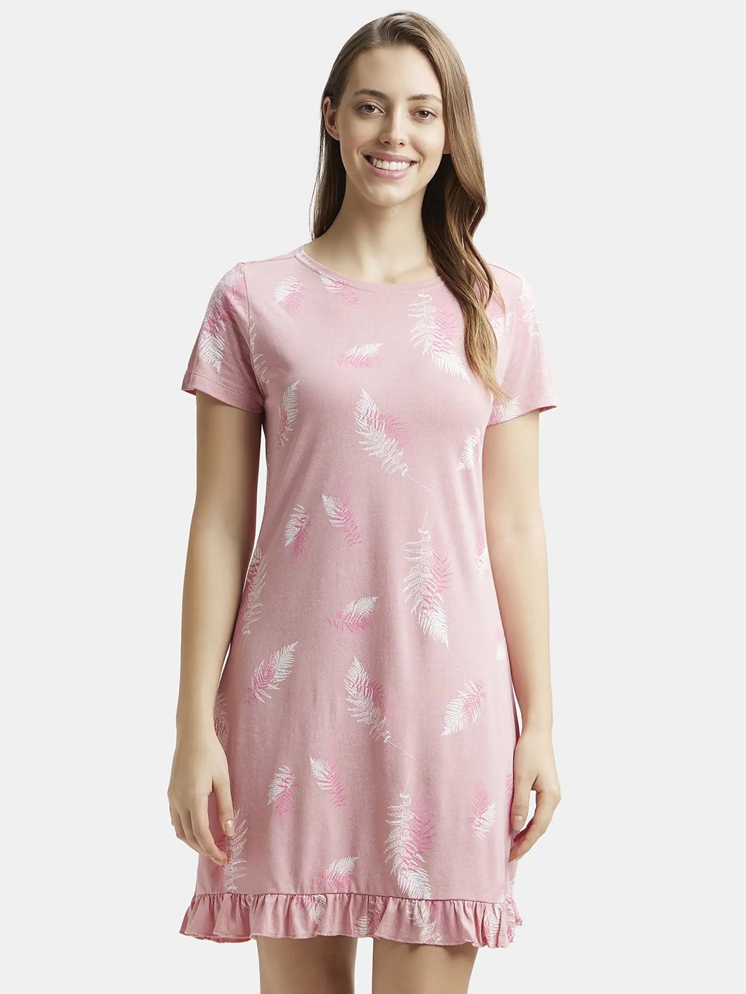 

Jockey Printed Micro Modal Cotton Ruffled Hem Styled Sleep Dress-RX25, Pink