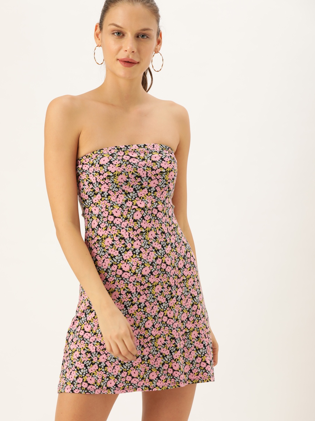 

FOREVER 21 Women Black & Pink Printed Strapless Sheath Dress