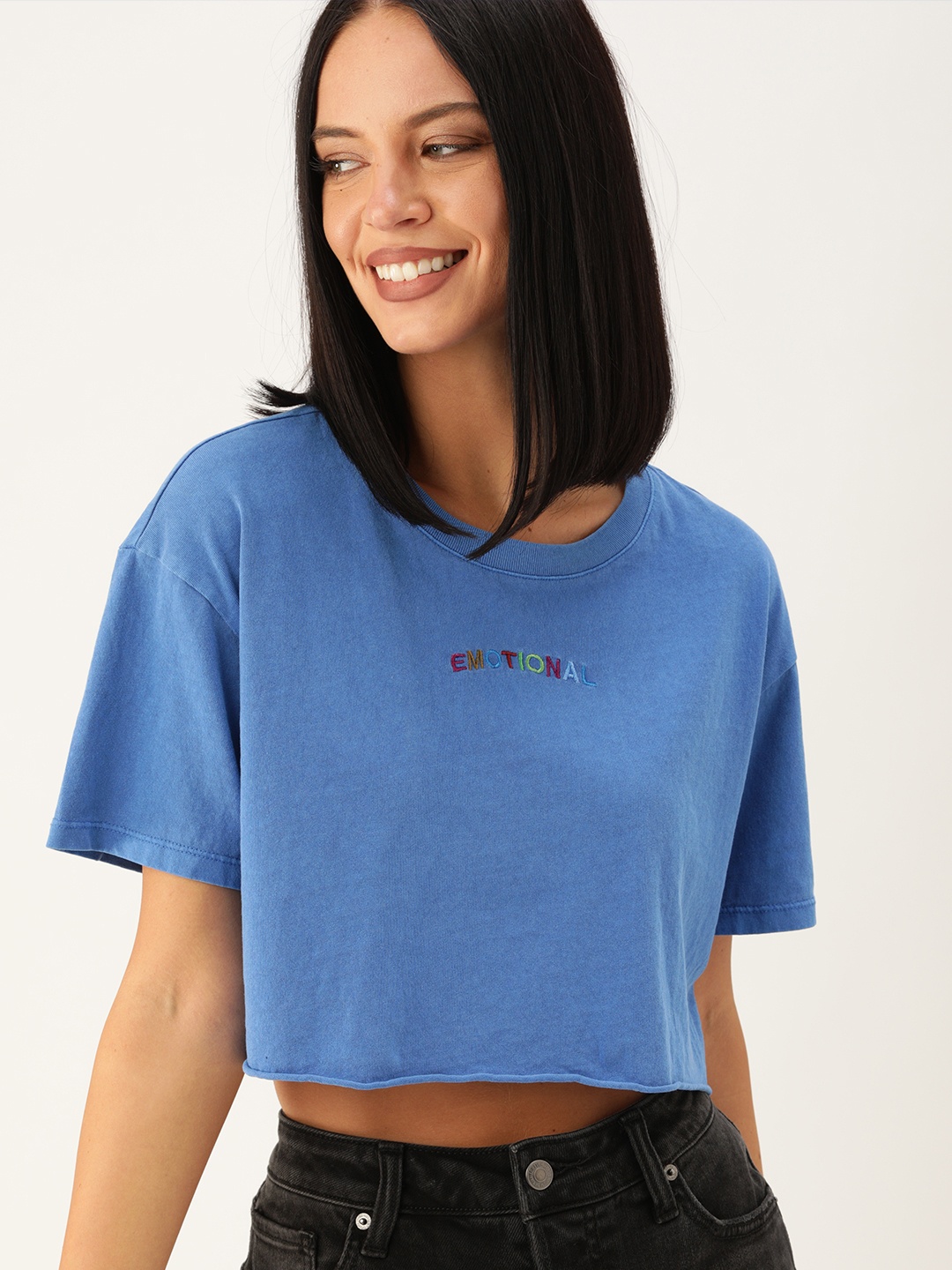 

FOREVER 21 Women Blue Solid Boxy Crop Top With Embroidery