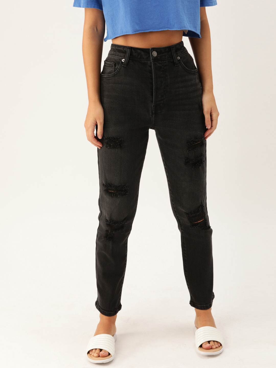 

FOREVER 21 Women Black Regular Fit Mid-Rise Highly Distressed Stretchable Jeans