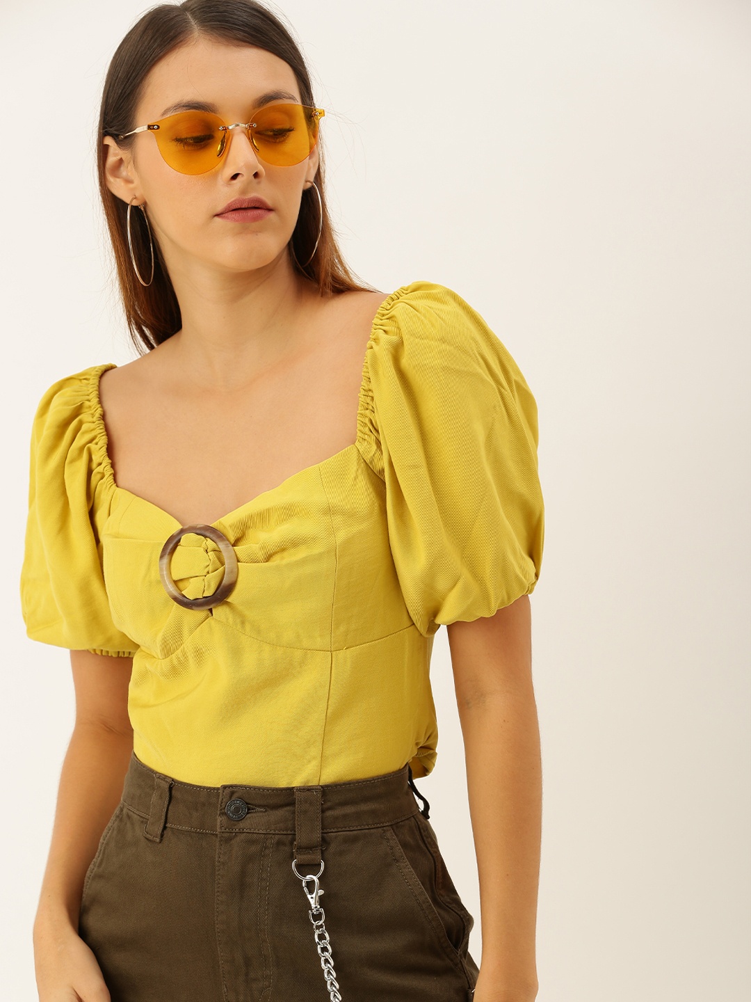 

FOREVER 21 Women Mustard Yellow Solid Puff Sleeved Top with Gathers