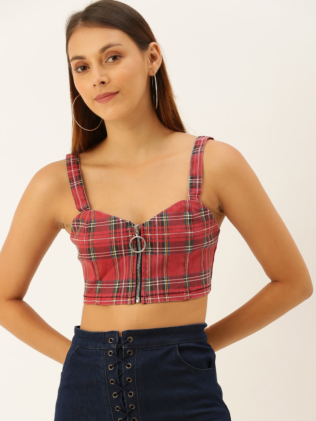 

FOREVER 21 Women Red & Black Checked Crop Bralette Top