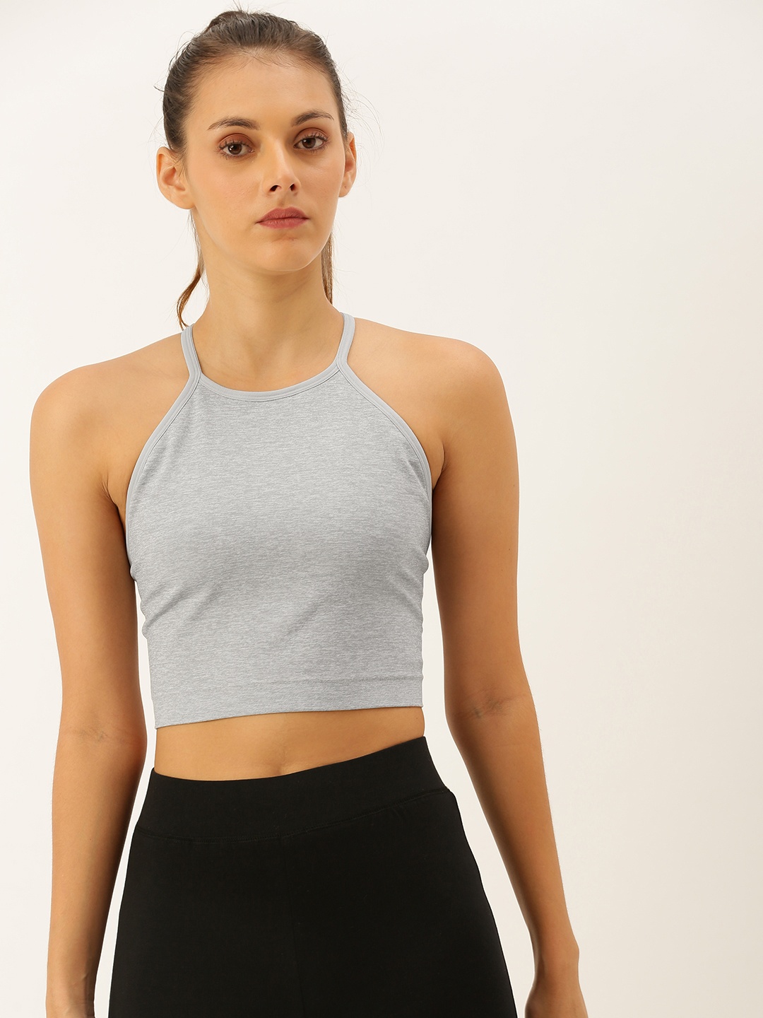 

FOREVER 21 Women Grey Melange Solid Cropped Tank Top