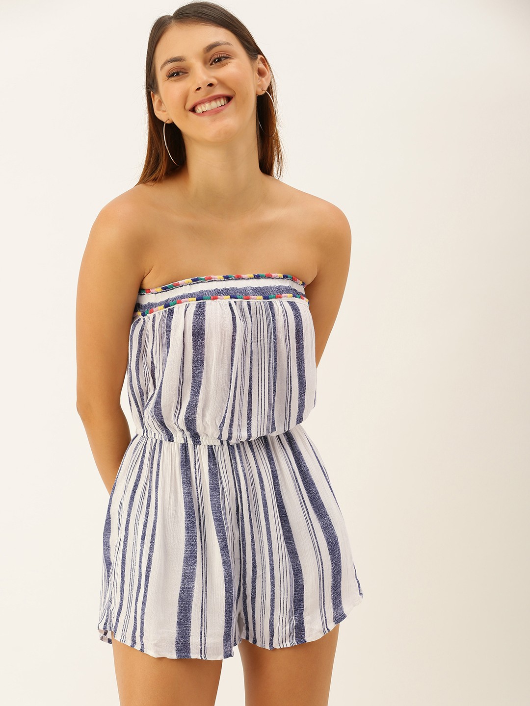 

FOREVER 21 Women White & Blue Striped Playsuit