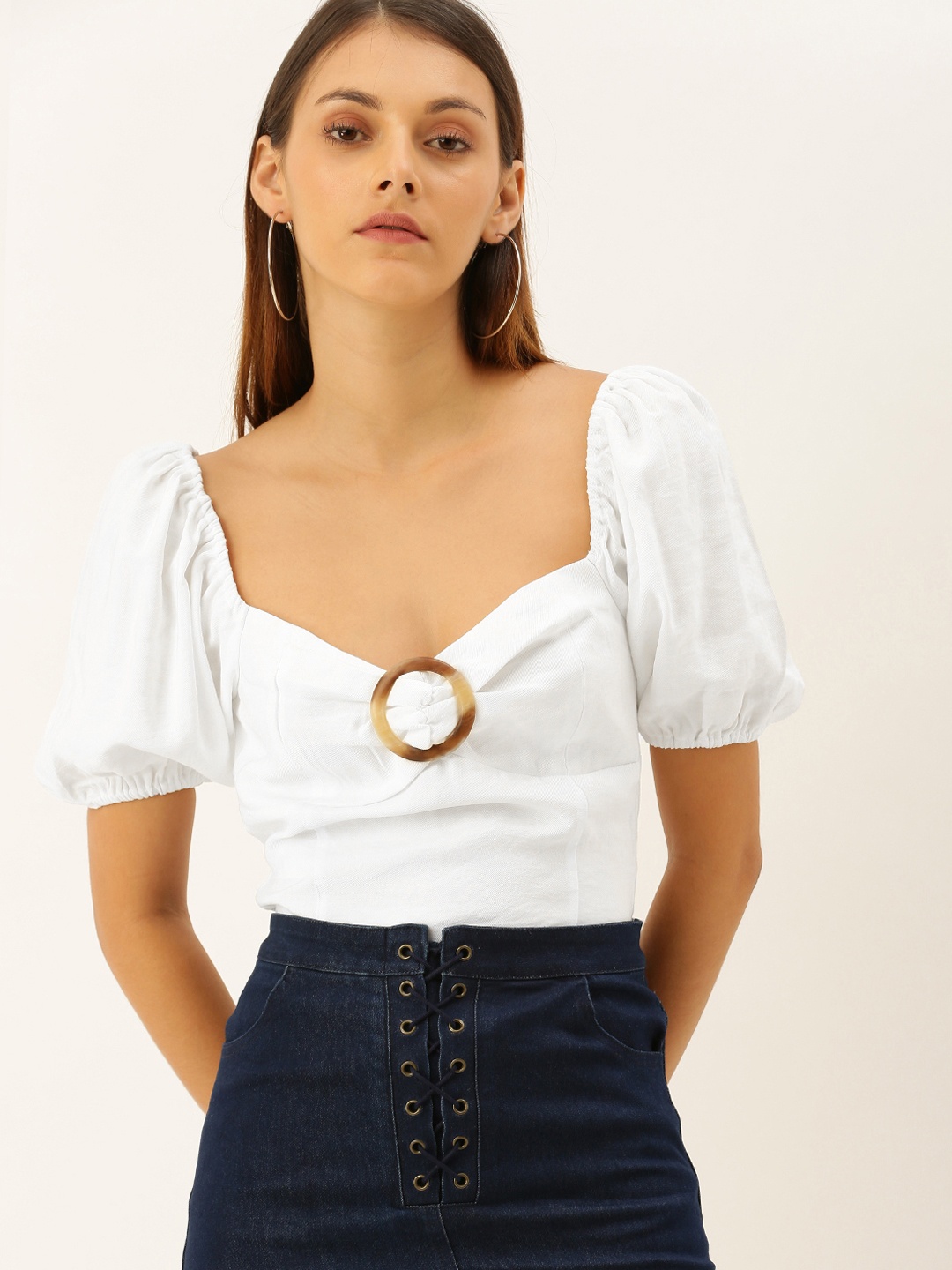 

FOREVER 21 Women White Solid Puff Sleeved Top with Gathers