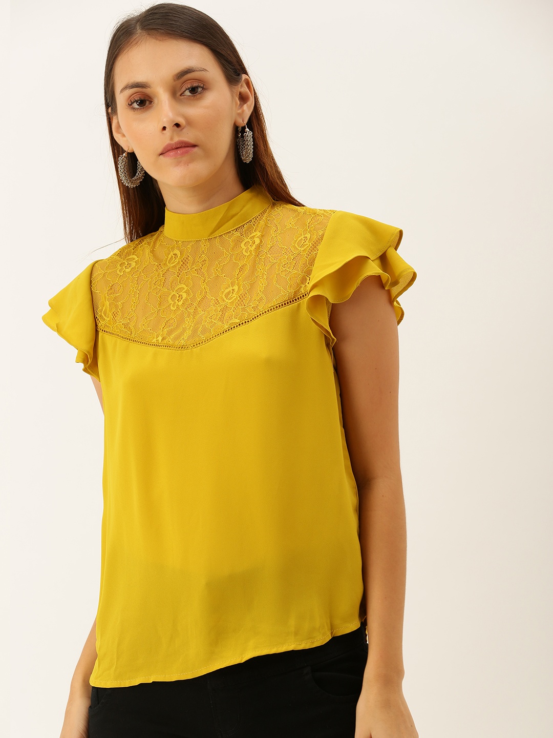 

FOREVER 21 Women Mustard Yellow Solid Lace Insert Boxy Top With Flutter Sleeves