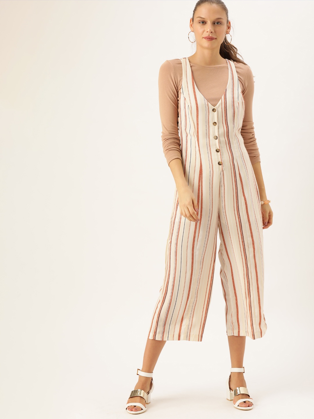 

FOREVER 21 Women Off-White & Brown Striped Basic Jumpsuit