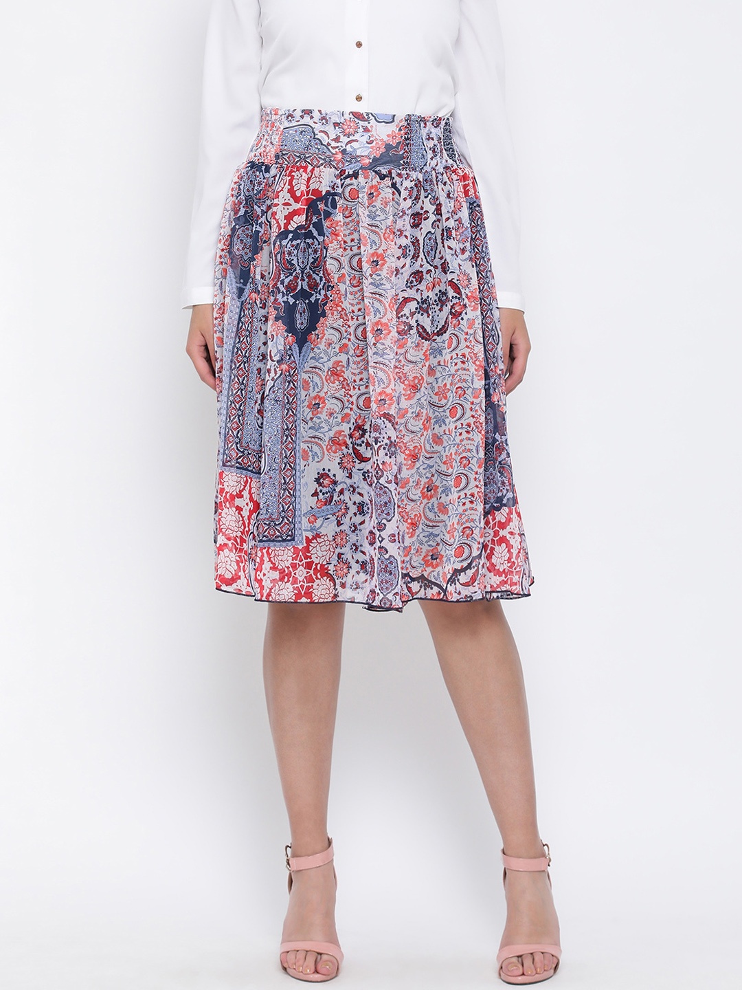 

Oxolloxo Women Grey & Orange Printed A-Line Skirt