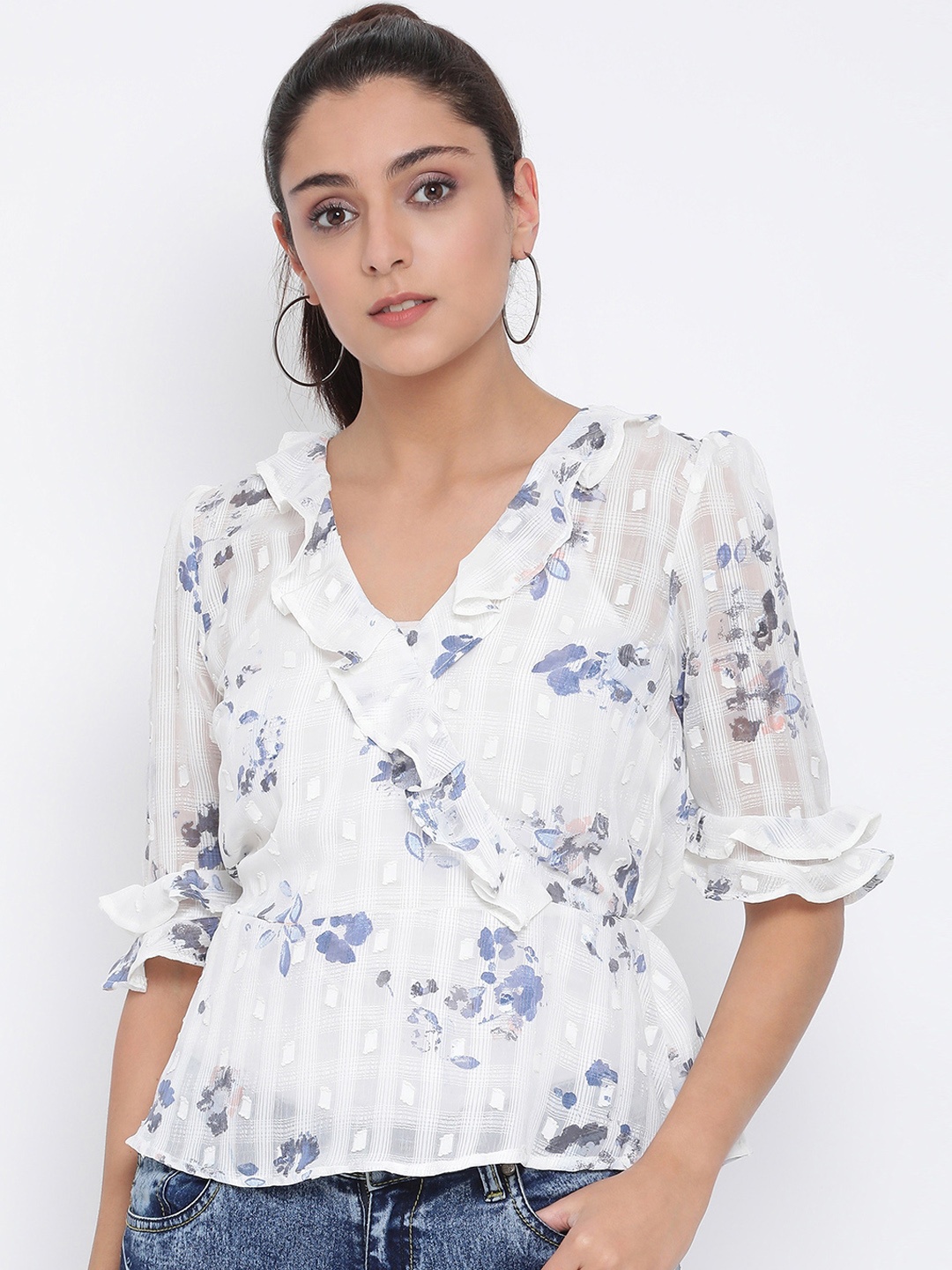 

Oxolloxo Women White Floral print Peplum Top