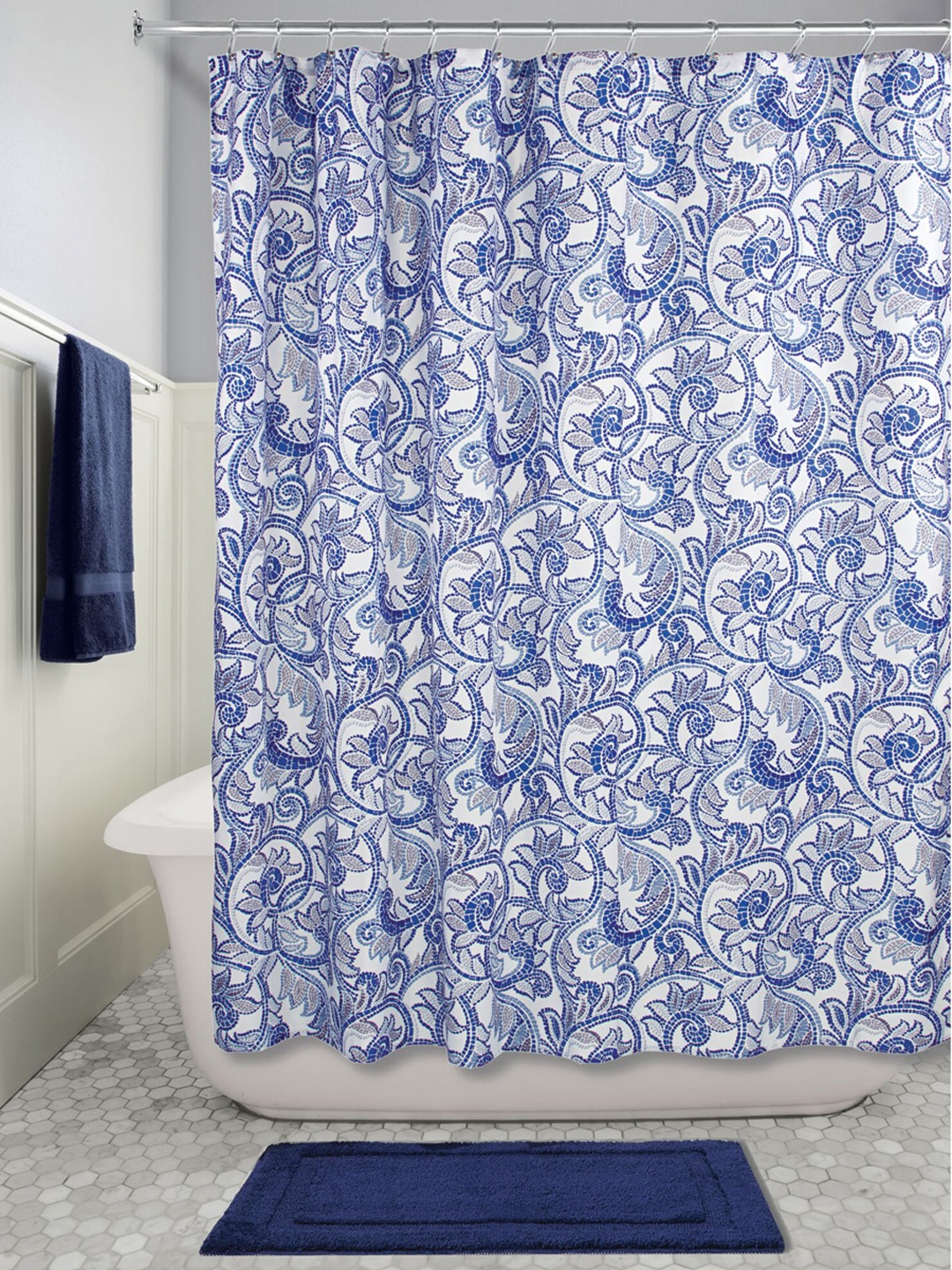 

INTERDESIGN Blue & White Printed Mosaic Vine Shower Curtain