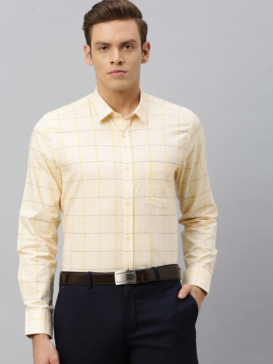 

Blackberrys Men Yellow & White Slim Fit Checked Formal Shirt