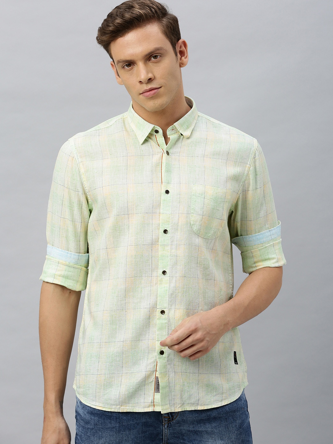 

Blackberrys Men Yellow & Green Slim Fit Checked Casual Shirt