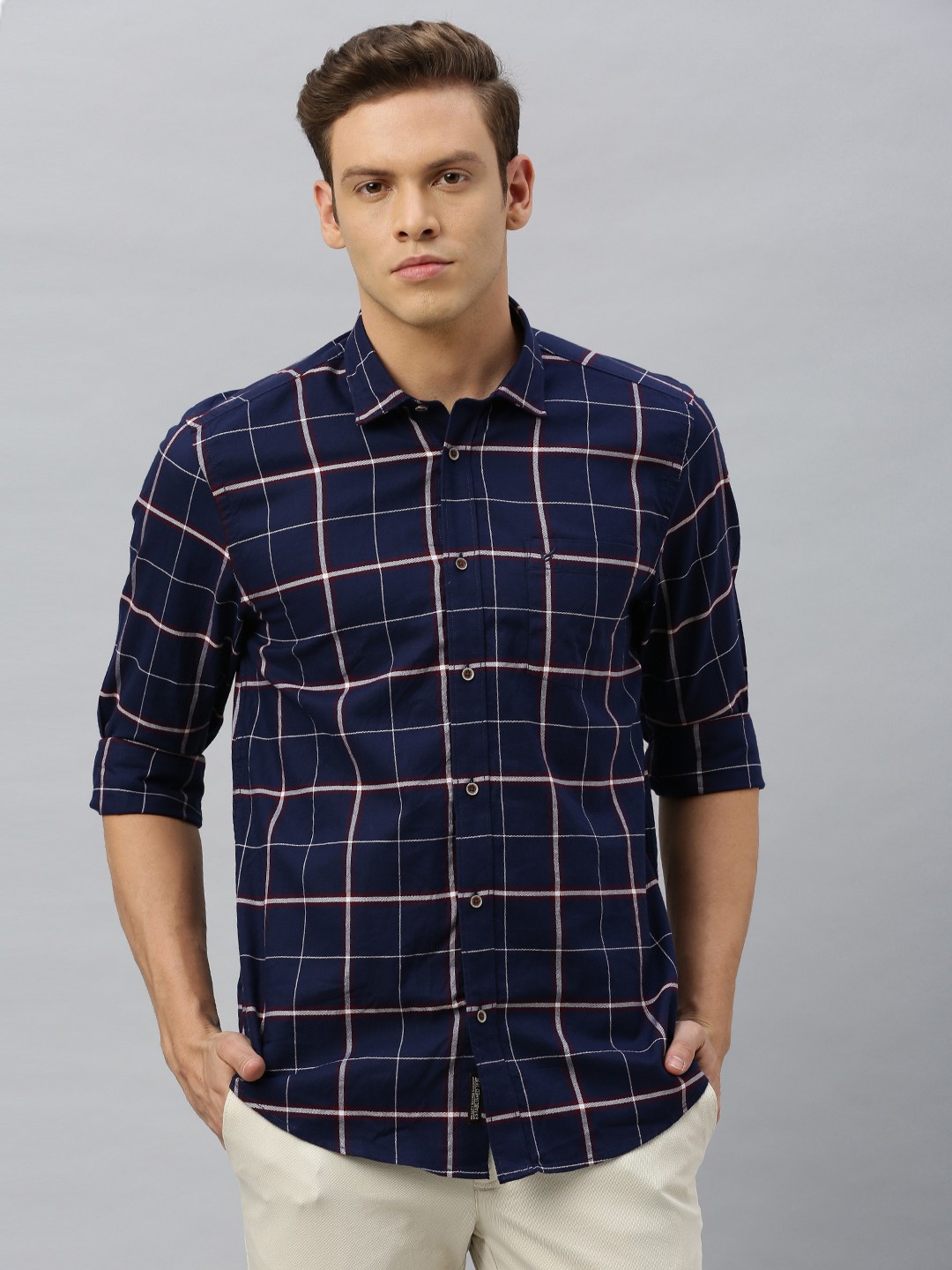 

Blackberrys Men Navy Blue & White Regular Fit Checked Casual Shirt