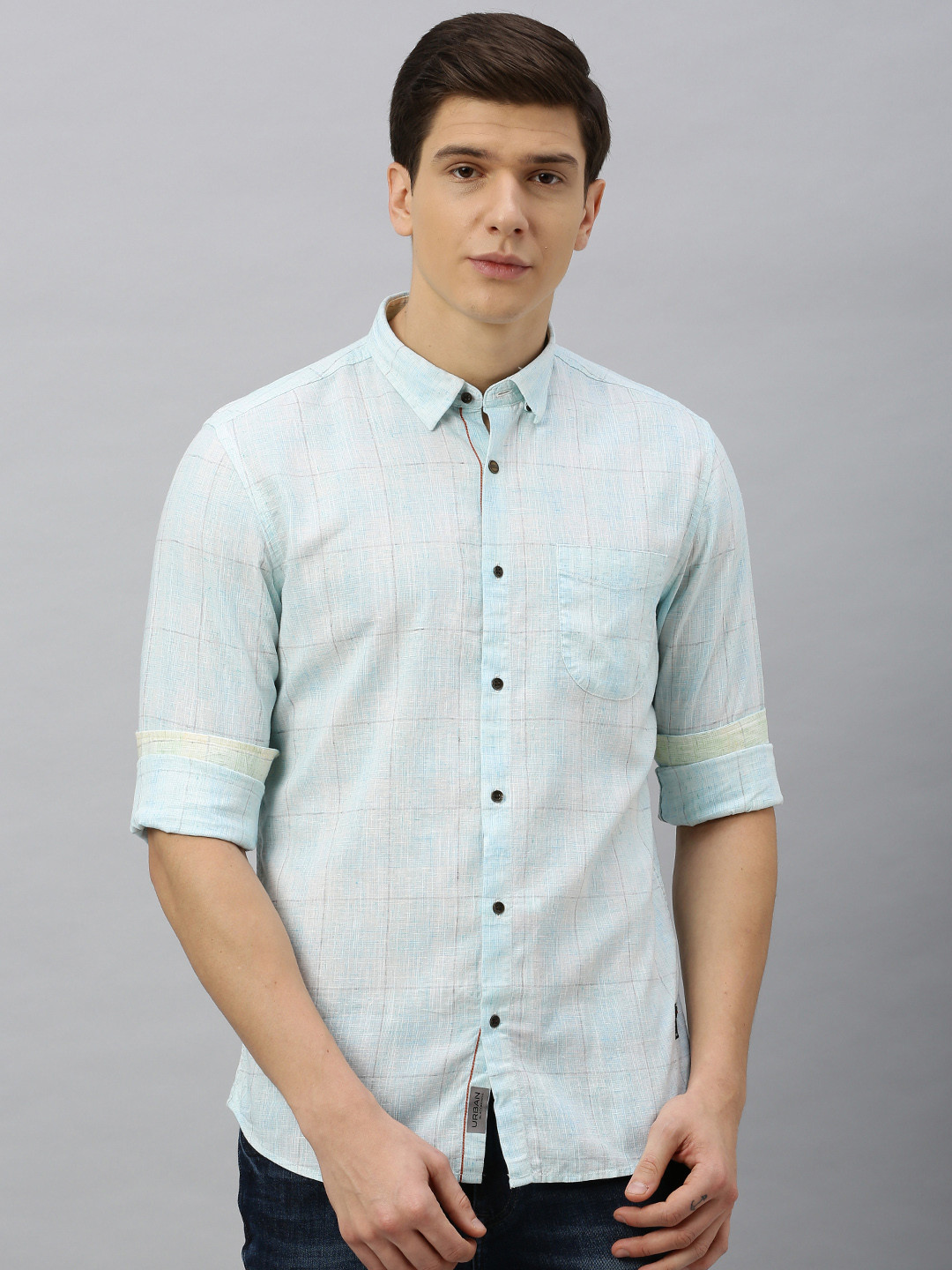 

Blackberrys Men Turquoise Blue Slim Fit Checked Casual Linen Shirt