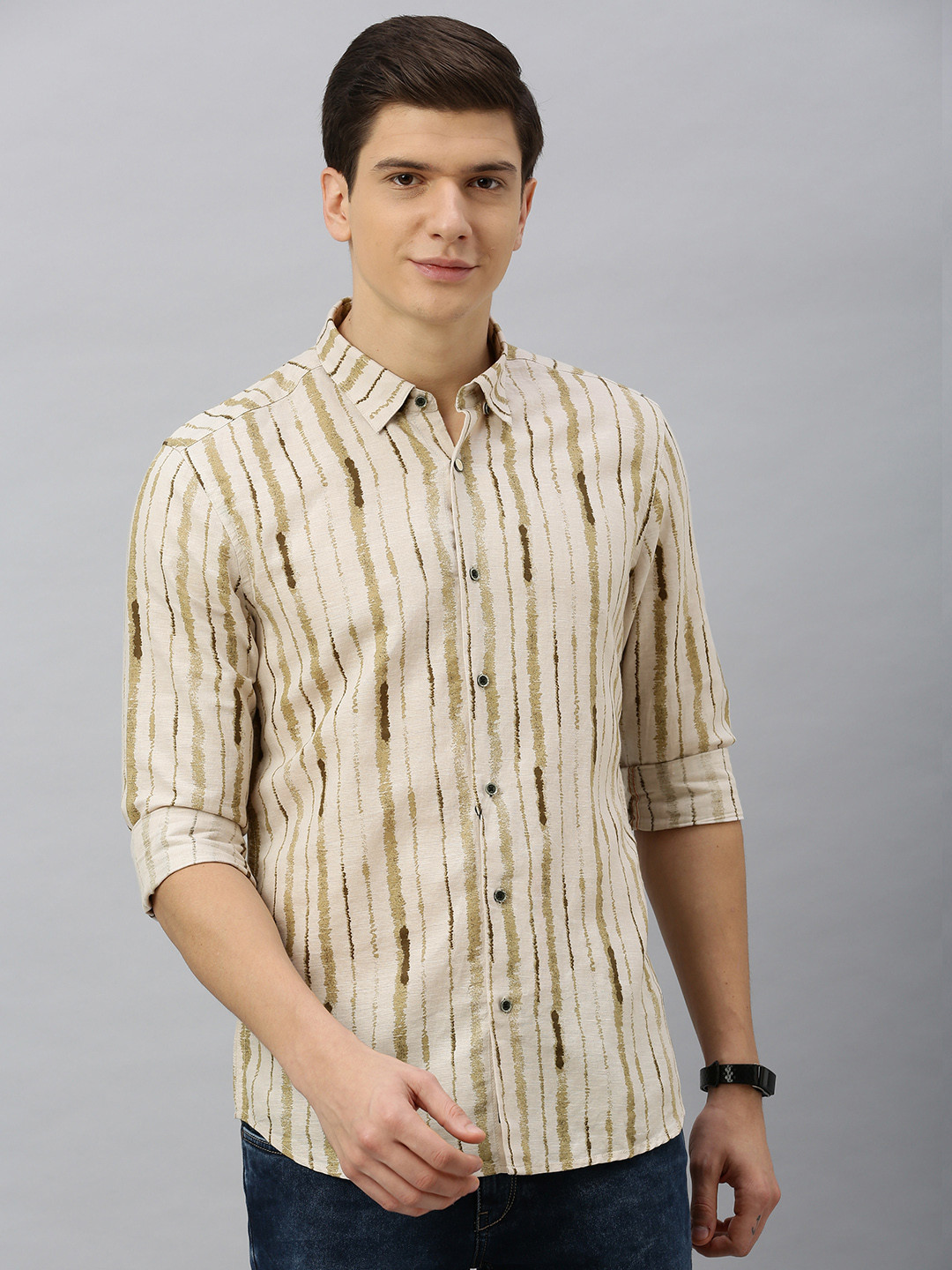 

Blackberrys Men Beige & Olive Green Trim Slim Fit Striped Casual Shirt