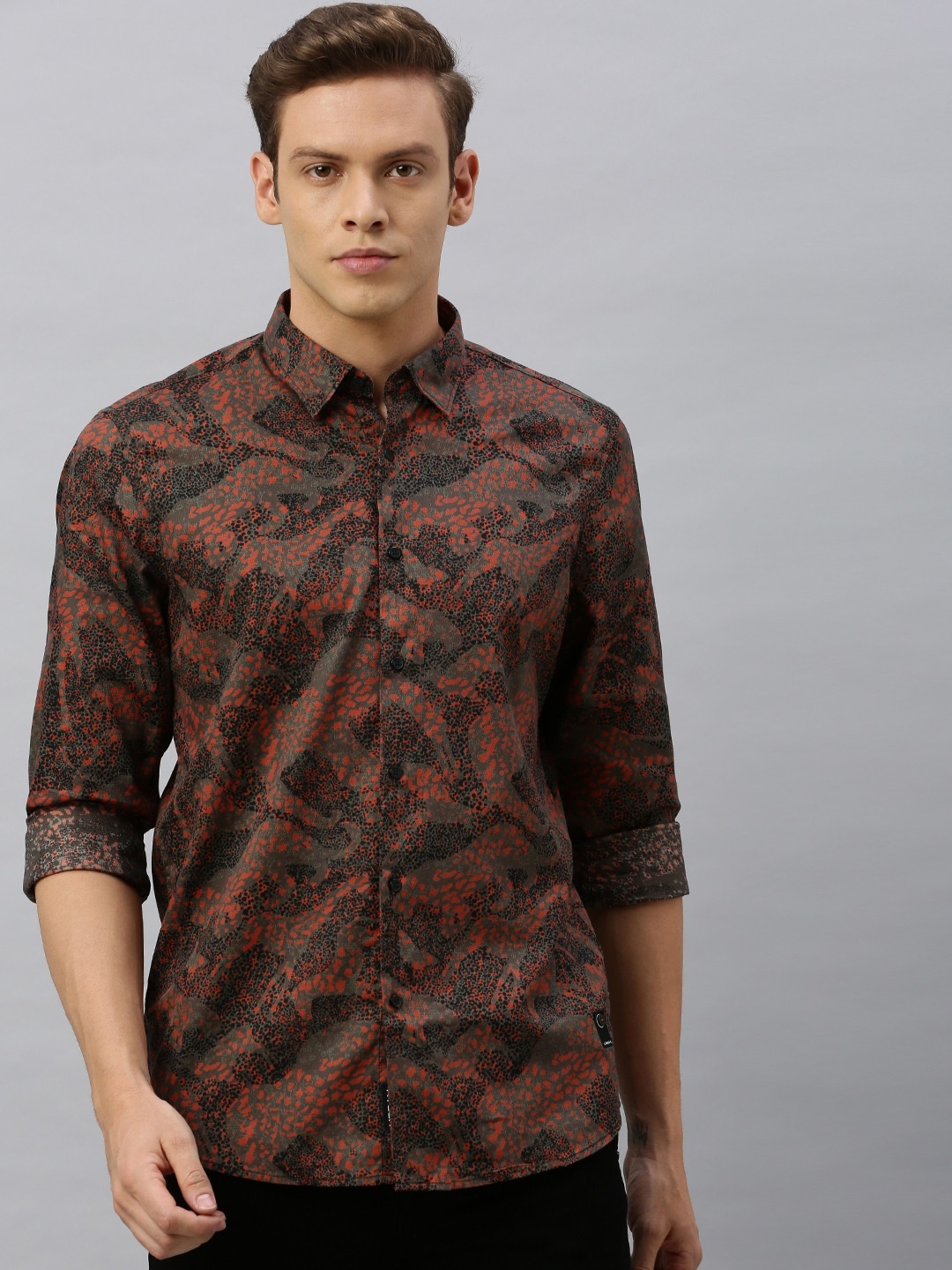 

Blackberrys Men Rust Orange & Black Trim Fit Animal Printed Casual Shirt