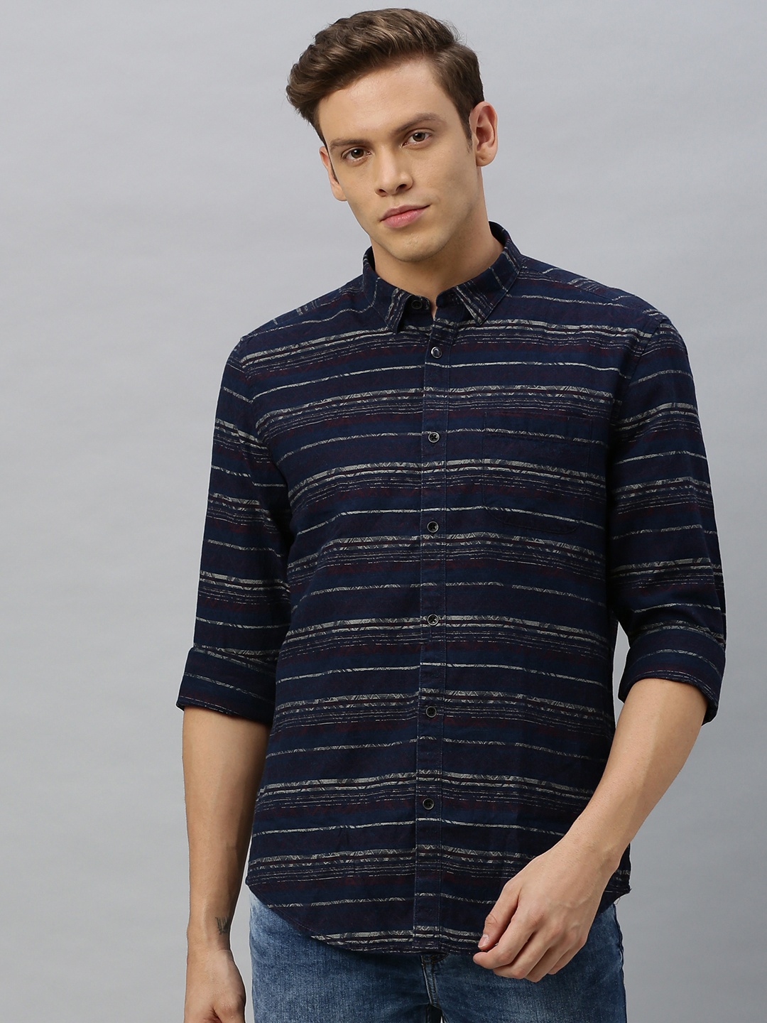 

Blackberrys Men Navy Blue & Maroon Slim Fit Striped Casual Shirt