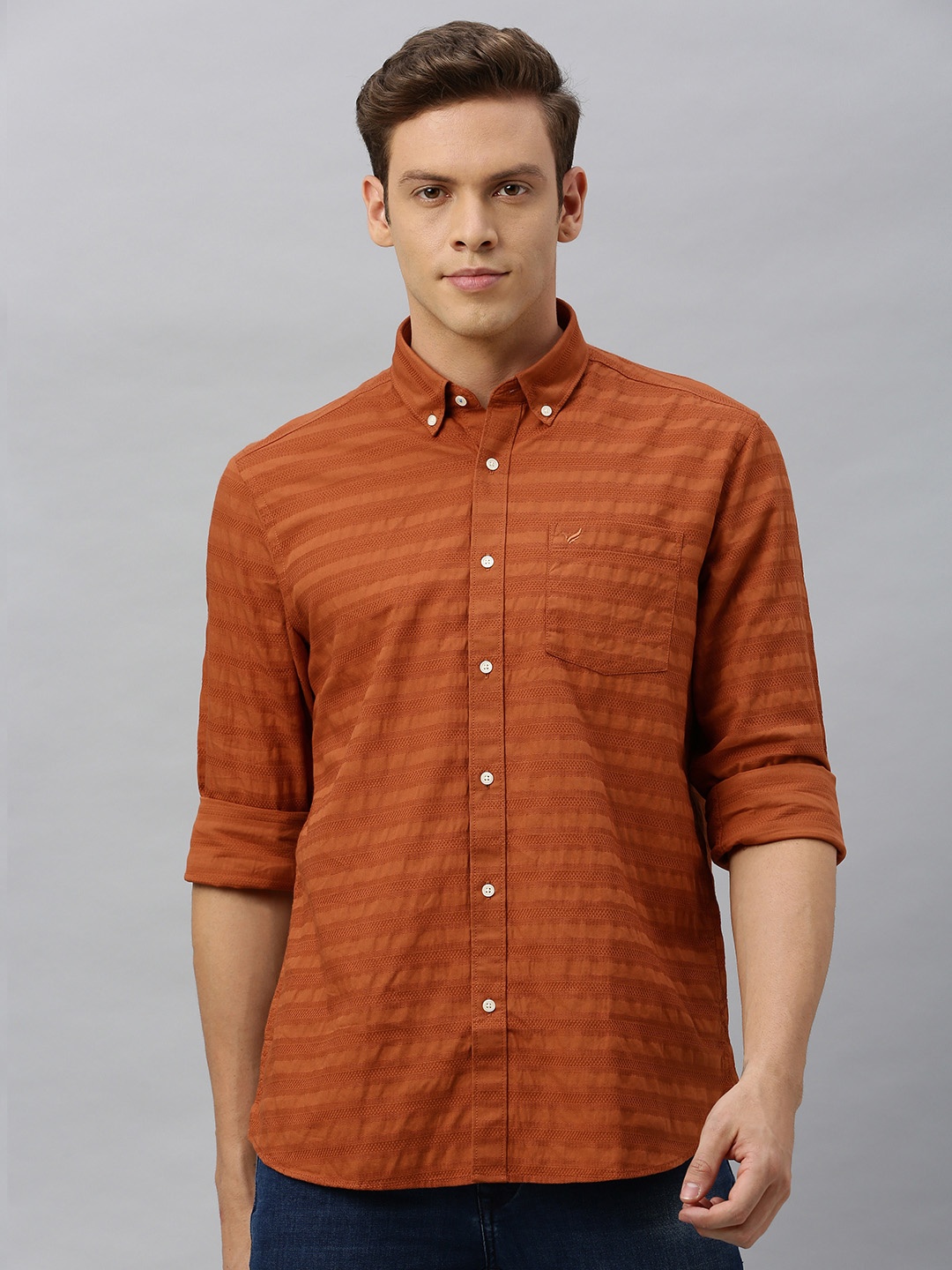 

Blackberrys Men Rust Brown Slim Fit Striped Casual Shirt