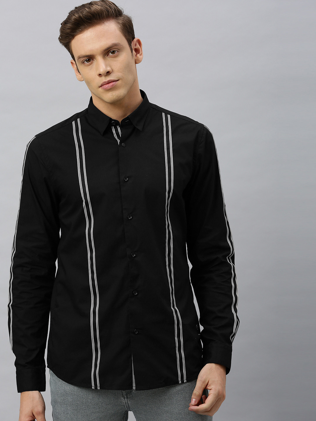 

Blackberrys Men Black Trim Fit Solid Casual Shirt with Striped Applique Detailing