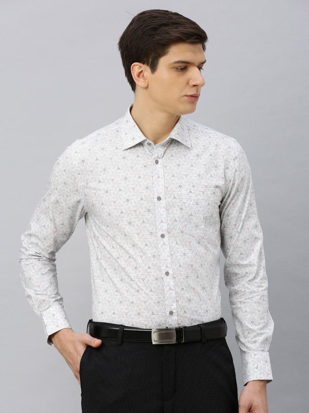 

Blackberrys Men Grey & White Slim Fit Printed Formal Shirt