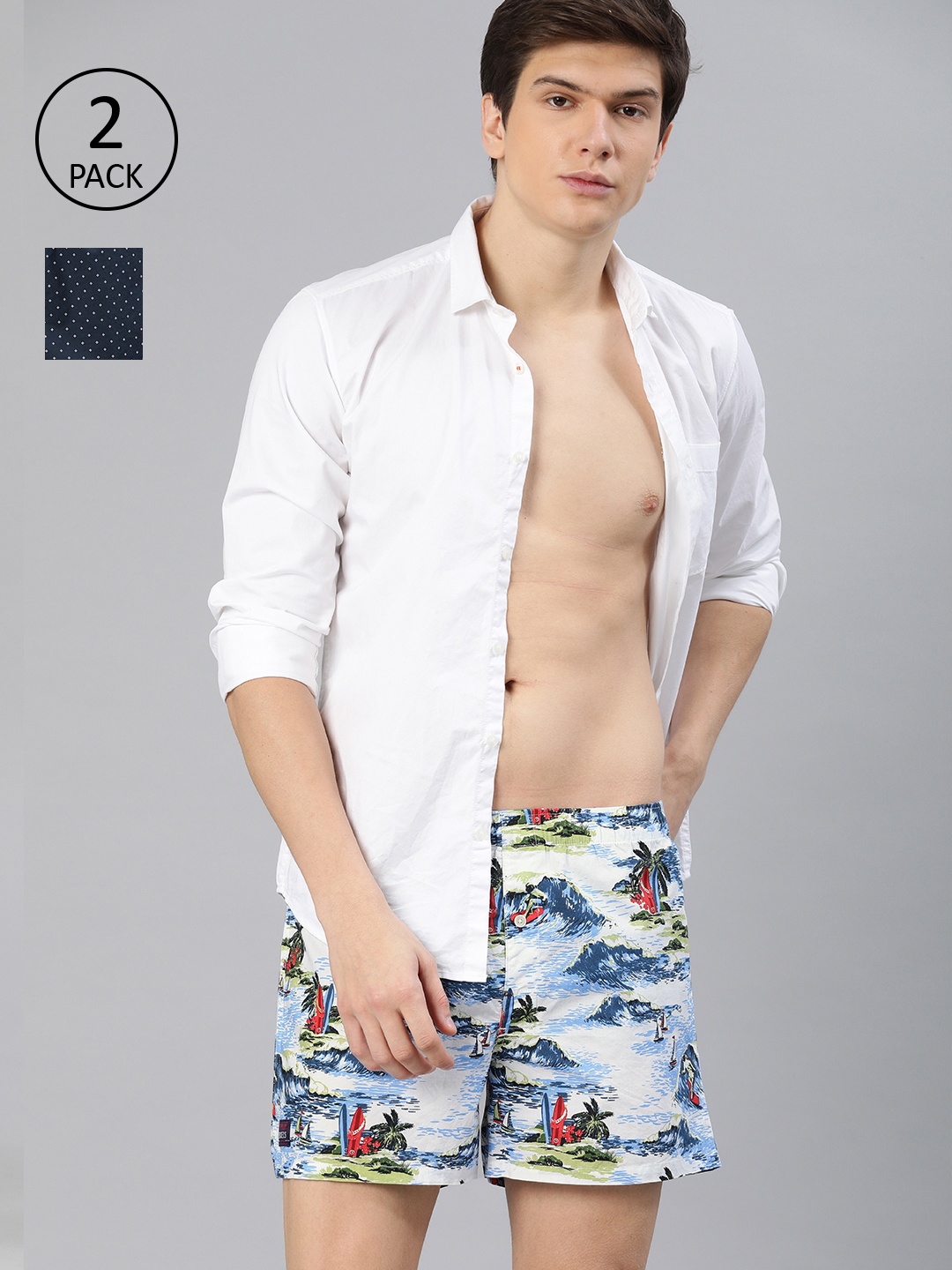 

THE BEAR HOUSE Men Pack of 2 White & Navy Blue Printed Pure Cotton Boxers TBH-ARES