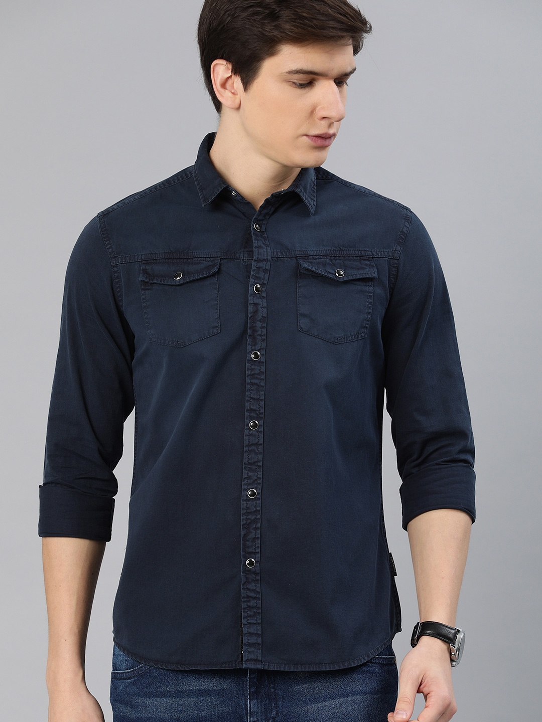 

THE BEAR HOUSE Men Navy Blue Solid Slim Fit Casual Shirt
