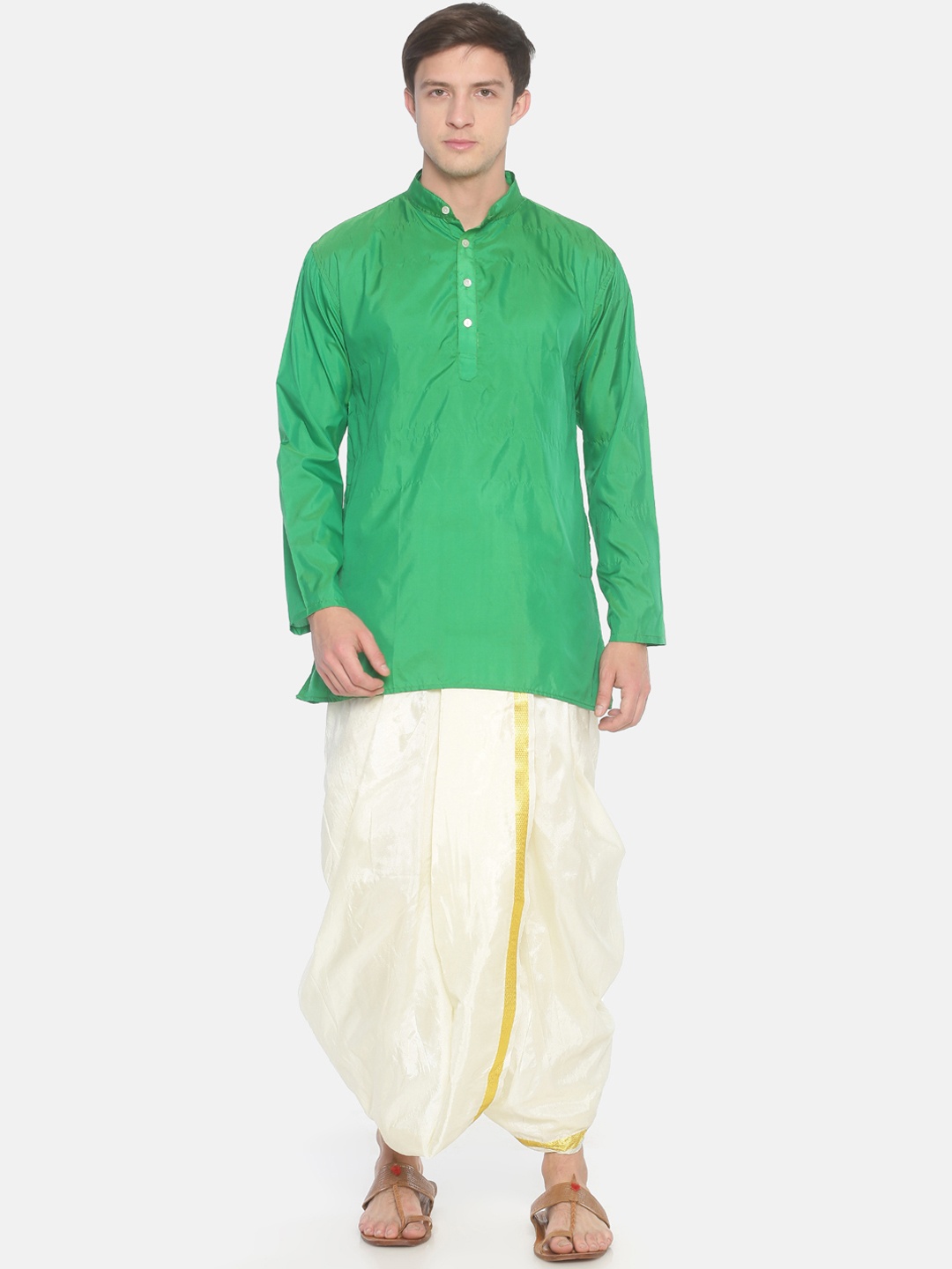 

Sethukrishna Men Green & Cream-Coloured Solid Kurta with Dhoti Pants