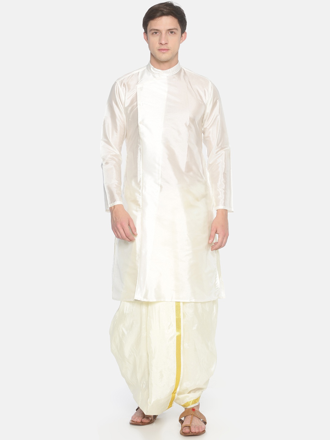 

Sethukrishna Men Cream-Coloured Solid Kurta with Dhoti Pants