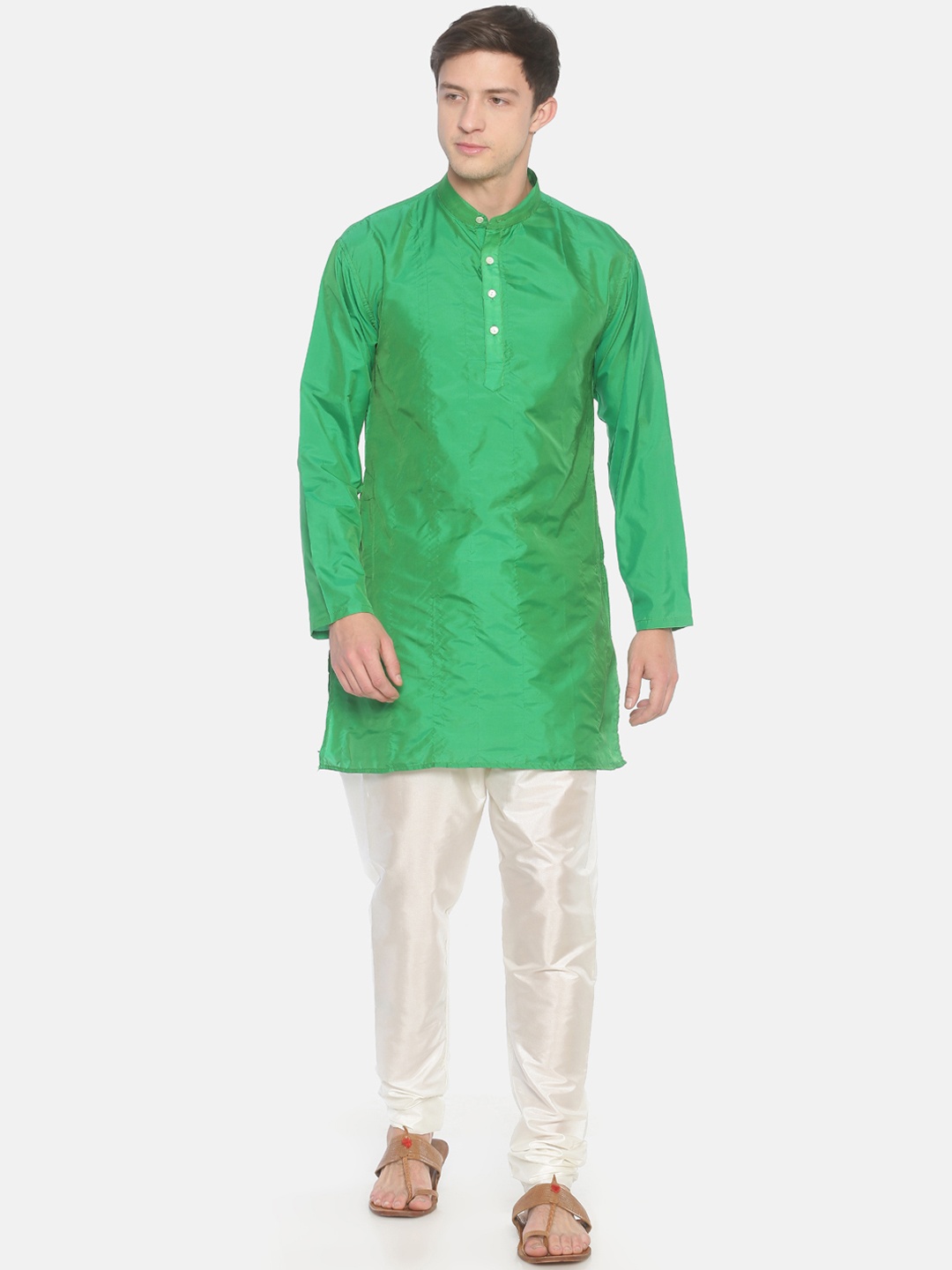 

Sethukrishna Men Green & Cream-Coloured Solid Kurta with Pyjamas