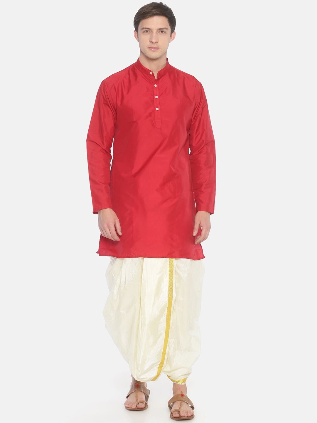 

Sethukrishna Men Red & Cream-Coloured Solid Kurta with Dhoti Pants