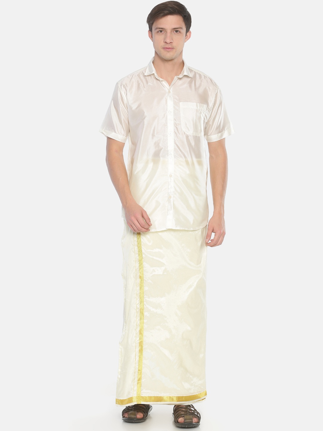 

Sethukrishna Men Cream-Coloured & Off-White Solid Shirt & Dhoti Set
