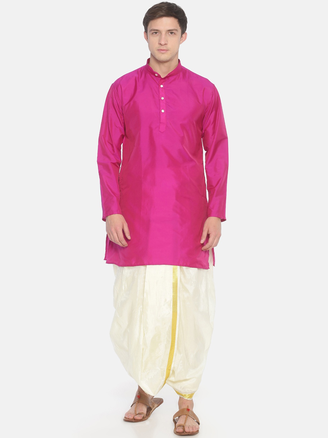 

Sethukrishna Men Pink and White Kurta - Dhoti Set